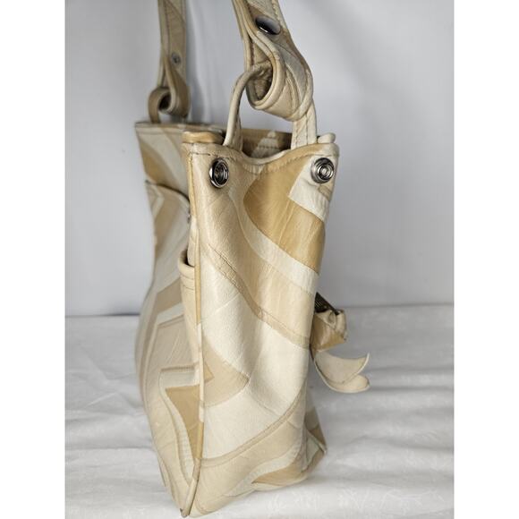 Vintage 70s Handmade Cream Tan Leather Tote Handbag Purse Shoulder Bag Chevron - Picture 3 of 7